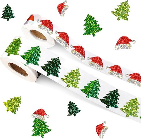 1000Pcs Christmas Roll Stickers Christmas Tree Label Tag Seal Sticker Self-Adhesive Santa Hat Winter Stickers Round Sparkly for Gifts, Party Decor, Envelope, Greeting Cards, 2 Rolls in Saudi Arabia