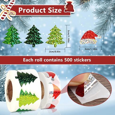 1000Pcs Christmas Roll Stickers Christmas Tree Label Tag Seal Sticker Self-Adhesive Santa Hat Winter Stickers Round Sparkly for Gifts, Party Decor, Envelope, Greeting Cards, 2 Rolls in Saudi Arabia