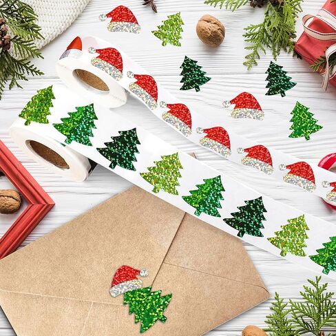 1000Pcs Christmas Roll Stickers Christmas Tree Label Tag Seal Sticker Self-Adhesive Santa Hat Winter Stickers Round Sparkly for Gifts, Party Decor, Envelope, Greeting Cards, 2 Rolls in Saudi Arabia