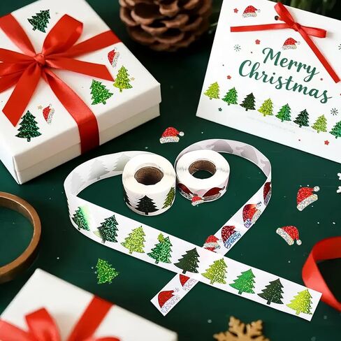 1000Pcs Christmas Roll Stickers Christmas Tree Label Tag Seal Sticker Self-Adhesive Santa Hat Winter Stickers Round Sparkly for Gifts, Party Decor, Envelope, Greeting Cards, 2 Rolls in Saudi Arabia