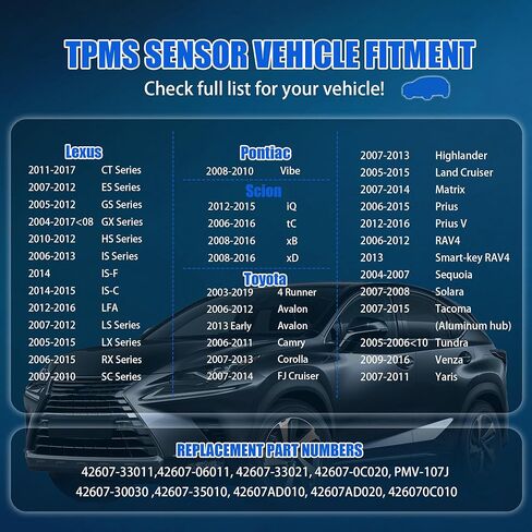 Set of 4 TPMS Sensor 42607-33021 Tire Pressure Monitor Sensor 315MHz Compatible for Toyota Lexus Scion Pontiac Camry Corolla Rav4 Highlander Prius Sienna 4Runner Tacoma Replace#42607-33011 PMV-107J in Kuwait