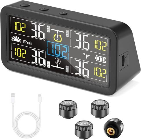 نظام مراقبة ضغط الإطارات - TPMS ومراقبة ضغط الإطارات لأربعة إطارات، شاشة LCD مقاس 4 بوصات، بطارية 2500 مللي أمبير في الساعة، شحن بالطاقة الشمسية وUSB-C، مقاومة للماء IPX7، 5 أوضاع إنذار، وضع السكون in Kuwait