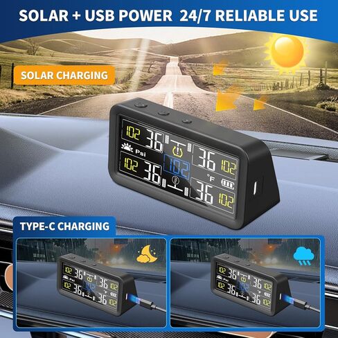 نظام مراقبة ضغط الإطارات - TPMS ومراقبة ضغط الإطارات لأربعة إطارات، شاشة LCD مقاس 4 بوصات، بطارية 2500 مللي أمبير في الساعة، شحن بالطاقة الشمسية وUSB-C، مقاومة للماء IPX7، 5 أوضاع إنذار، وضع السكون in Kuwait