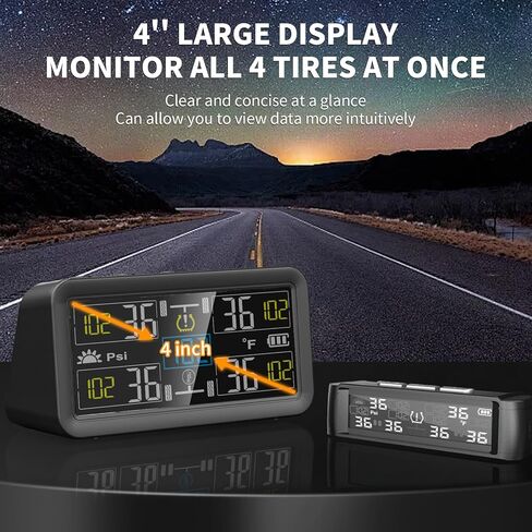نظام مراقبة ضغط الإطارات - TPMS ومراقبة ضغط الإطارات لأربعة إطارات، شاشة LCD مقاس 4 بوصات، بطارية 2500 مللي أمبير في الساعة، شحن بالطاقة الشمسية وUSB-C، مقاومة للماء IPX7، 5 أوضاع إنذار، وضع السكون in Kuwait