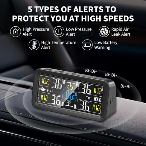نظام مراقبة ضغط الإطارات - TPMS ومراقبة ضغط الإطارات لأربعة إطارات، شاشة LCD مقاس 4 بوصات، بطارية 2500 مللي أمبير في الساعة، شحن بالطاقة الشمسية وUSB-C، مقاومة للماء IPX7، 5 أوضاع إنذار، وضع السكون in Kuwait