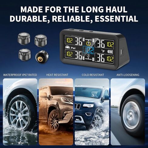 نظام مراقبة ضغط الإطارات - TPMS ومراقبة ضغط الإطارات لأربعة إطارات، شاشة LCD مقاس 4 بوصات، بطارية 2500 مللي أمبير في الساعة، شحن بالطاقة الشمسية وUSB-C، مقاومة للماء IPX7، 5 أوضاع إنذار، وضع السكون in Kuwait