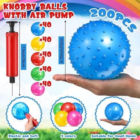 Lenwen 200 Pcs Knobby Balls 6.3 Inch Soft Bouncy Balls Bulk Inflatable Sensory Ball with Air Pump Spiky Massage Stress Balls Bouncy Party Favor for Kids Baby Toddlers Playground Backyard Pool, 5 Color in Saudi Arabia