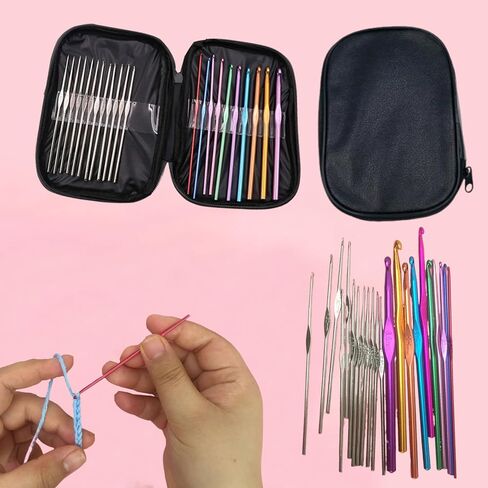 23 PCS Crochet Hooks Set Ergonomic Aluminum Handles Steel Tips Yarn Needles Crochet Accessories with Storage Case(Pink) in Saudi Arabia