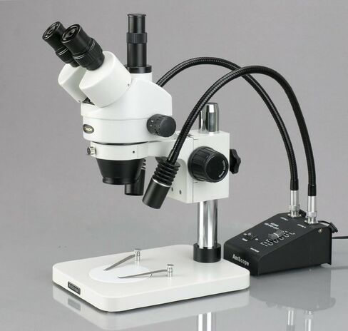 مجهر تكبير ستيريو رقمي احترافي ثلاثي العينيات من AmScope SM-1TSW2-L6W-5M، عدسات WH10x وWH25x، تكبير 3.5X-225X، هدف تكبير 0.7X-4.5X، ضوء LED مزدوج معقوفة 6 وات، حامل عمود، 85 فولت - 265 فولت، يتضمن 0.5 عدسات بارلو X و2.0X، متضمنة in Saudi Arabia