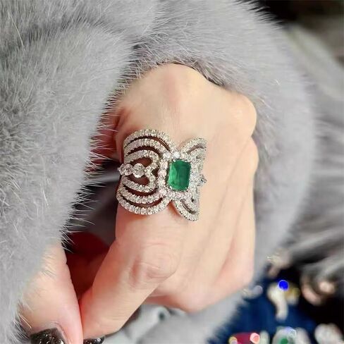 925 Sterling Silver Shiny Full Diamond Gemstone Ring 18K Gold Emerald Cocktail Ring CZ Diamond Multi Row Cubic Zirconia Promise Rings Eternity Engagement Wedding Party Ring For Women Z.173 (US Code 7) in Saudi Arabia