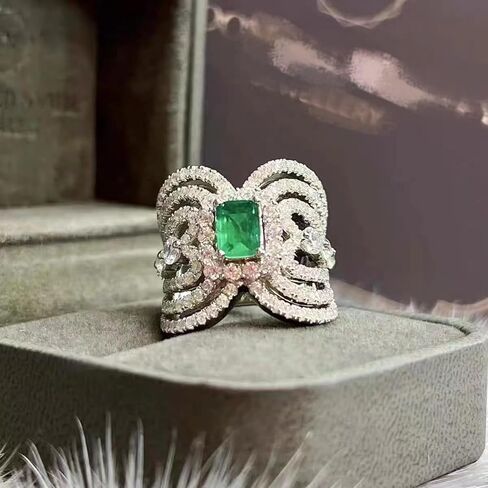 925 Sterling Silver Shiny Full Diamond Gemstone Ring 18K Gold Emerald Cocktail Ring CZ Diamond Multi Row Cubic Zirconia Promise Rings Eternity Engagement Wedding Party Ring For Women Z.173 (US Code 7) in Saudi Arabia