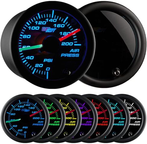 GlowShift Tinted 7 Color 200 PSI Air Pressure Gauge Kit - Includes 2 Electronic Sensors - Red & Green Analog Needles - Black Dial - Smoked Lens - for Air Ride Suspension Systems - 2-1/16" 52mm in Saudi Arabia