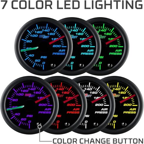 GlowShift Tinted 7 Color 200 PSI Air Pressure Gauge Kit - Includes 2 Electronic Sensors - Red & Green Analog Needles - Black Dial - Smoked Lens - for Air Ride Suspension Systems - 2-1/16" 52mm in Saudi Arabia