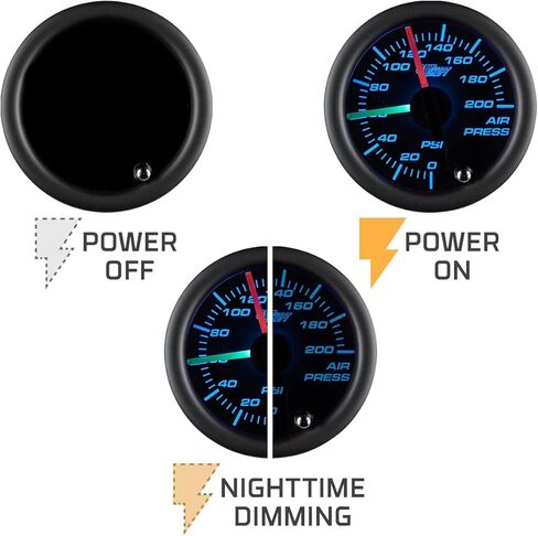 GlowShift Tinted 7 Color 200 PSI Air Pressure Gauge Kit - Includes 2 Electronic Sensors - Red & Green Analog Needles - Black Dial - Smoked Lens - for Air Ride Suspension Systems - 2-1/16" 52mm in Saudi Arabia