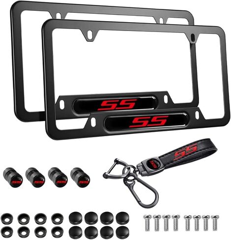 2PCS Black SS License Plate Frames Aluminum Alloy Car License Plate Holders Weather Proof License Plate Cover with Tire Valve Caps and Keychain Compatible with Camaro Malibu Cruze(SS-red) in Kuwait