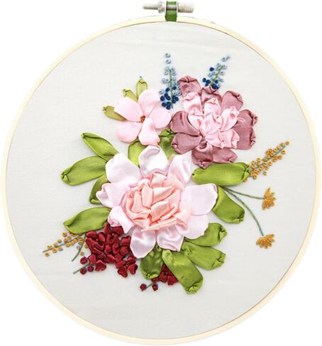 SARBUTER Ribbon Embroidery Kits, 3D Floral Design with Frame, DIY Needlework Art Stamp Stitch Kits for Home Decor (Fresh Flowers-08) in Saudi Arabia