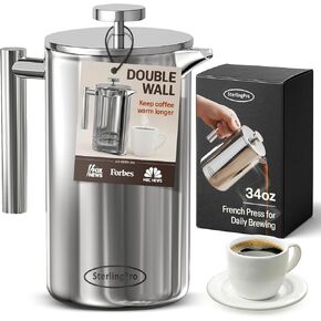ستيرلينغبرو كلاسيك أوروبي ستلي مزدوج الجدار من الفولاذ المقاوم للصدأ بلمسة نهائية من ماكينة صنع القهوة الفرنسية، 35 أونصة in Kuwait