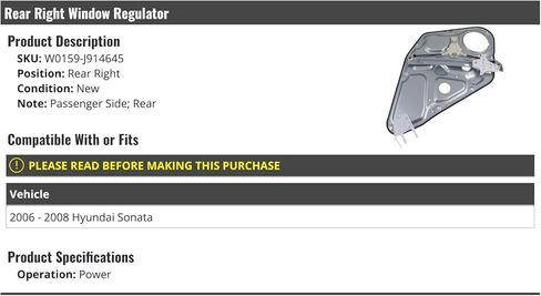 Rear Right Passenger Side Power Window Regulator and Door Panel Assembly - Compatible with 2006-2008 Hyundai Sonata in Saudi Arabia