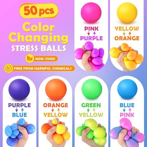 KLT Stress Balls Bulk for Kids and Adults: 32 Pack Mini Squishy Ball for Anxiety Relief - Color Changing Sensory Fidget Toy for Autism Kids Calming - Small Prizes for Student Classroom (1.8") in Kuwait
