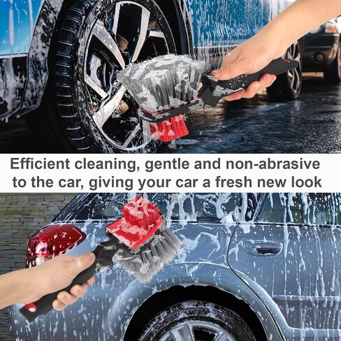 Dual Head Car Clean Brush, Wheel & Tire Brush, car Wheel Brush,Short Handle Tire Cleaner for Car Detailing, Car Cleaning Brush Black/Red, 9.8 Inch x 3.1 Inch in Saudi Arabia