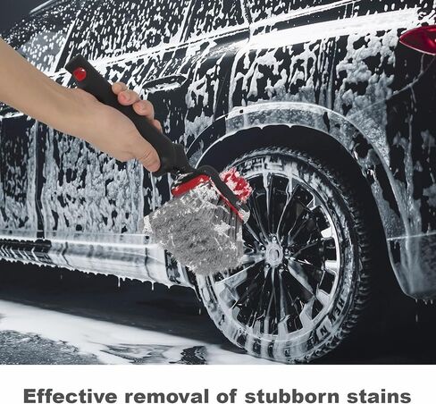 Dual Head Car Clean Brush, Wheel & Tire Brush, car Wheel Brush,Short Handle Tire Cleaner for Car Detailing, Car Cleaning Brush Black/Red, 9.8 Inch x 3.1 Inch in Saudi Arabia