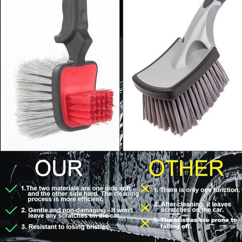 Dual Head Car Clean Brush, Wheel & Tire Brush, car Wheel Brush,Short Handle Tire Cleaner for Car Detailing, Car Cleaning Brush Black/Red, 9.8 Inch x 3.1 Inch in Saudi Arabia