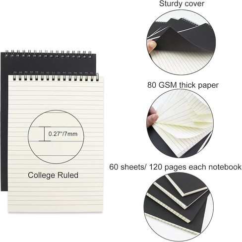 4 Pcs Top Bound Spiral Notebook,8.3 inch x 5.8 inch,60 Sheet,7mm College Ruled Paper,A5 Spiral Note Pads Memo Lined Notebook Journal for School and Office Supplies (Black) in Saudi Arabia