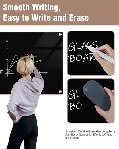 Mifuro سبورة بيضاء زجاجية مغناطيسية، 36 بوصة × 24 بوصة لوحة مسح جافة بدون إطار مثبتة على الحائط للمكتب والمنزل والمدرسة باللون الأسود in Kuwait