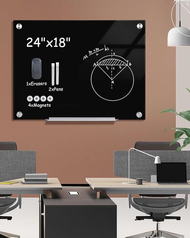 Mifuro سبورة بيضاء زجاجية مغناطيسية، 36 بوصة × 24 بوصة لوحة مسح جافة بدون إطار مثبتة على الحائط للمكتب والمنزل والمدرسة باللون الأسود in Kuwait