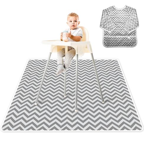 Baby Splat Mat for Under High Chair (51" x 51") + Long Sleeve Bib! Washable Baby Floor Mat, High Chair Mat for Eating Mess/Arts/Crafts with Non-Slip Backing! Waterproof Baby Spill Mat Floor Protector in Saudi Arabia