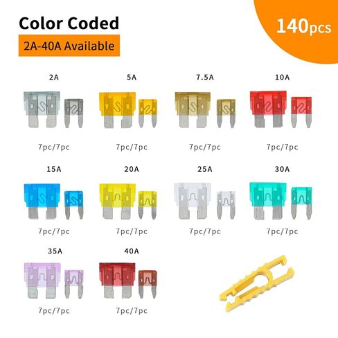 مجموعة مصهر السيارة 140 قطعة - تشكيلة مصهر السيارات ذات الشفرات القياسية ومصهر السيارة الصغير للبحرية، RV، التخييم، القارب، الشاحنة (2A 5A 7.5A 10A 15A 20A 25A 30A 35A 40A) in Kuwait