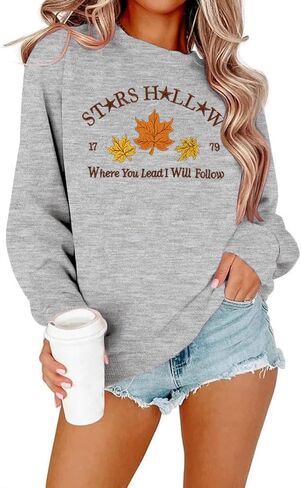 MYHALF Stars Hollow Sweatshirt Women Leaf Graphic Long Sleeve Shirt Fall Vacation Crewneck Drop Shoulder Pullover Tops in Kuwait