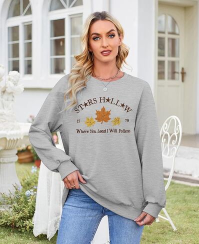 MYHALF Stars Hollow Sweatshirt Women Leaf Graphic Long Sleeve Shirt Fall Vacation Crewneck Drop Shoulder Pullover Tops in Kuwait