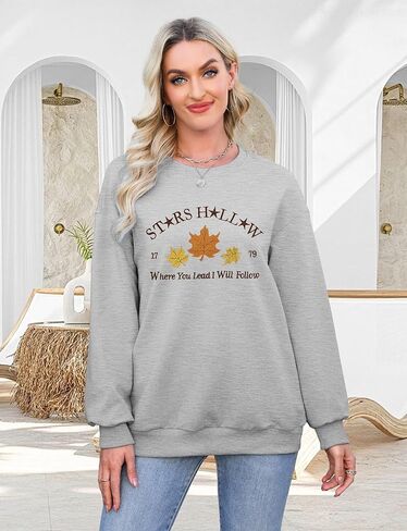 MYHALF Stars Hollow Sweatshirt Women Leaf Graphic Long Sleeve Shirt Fall Vacation Crewneck Drop Shoulder Pullover Tops in Kuwait