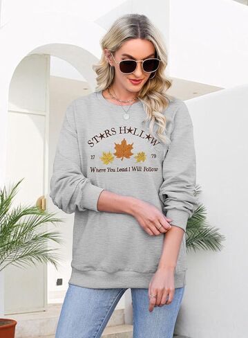 MYHALF Stars Hollow Sweatshirt Women Leaf Graphic Long Sleeve Shirt Fall Vacation Crewneck Drop Shoulder Pullover Tops in Kuwait