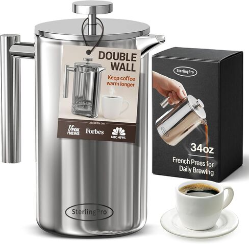 ستيرلينغبرو كلاسيك أوروبي ستلي مزدوج الجدار من الفولاذ المقاوم للصدأ بلمسة نهائية من ماكينة صنع القهوة الفرنسية، 35 أونصة in Kuwait
