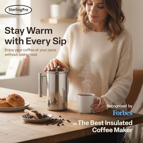 ستيرلينغبرو كلاسيك أوروبي ستلي مزدوج الجدار من الفولاذ المقاوم للصدأ بلمسة نهائية من ماكينة صنع القهوة الفرنسية، 35 أونصة in Kuwait