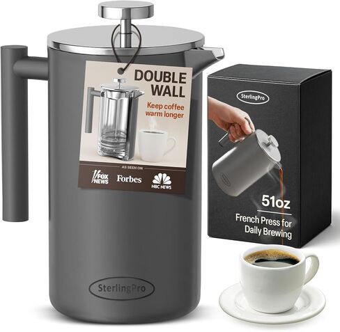 SterlingPro Classic European Stlye Doublewall Stainless Steel Mirror Finish French Coffee Press, 35-ounce in Saudi Arabia
