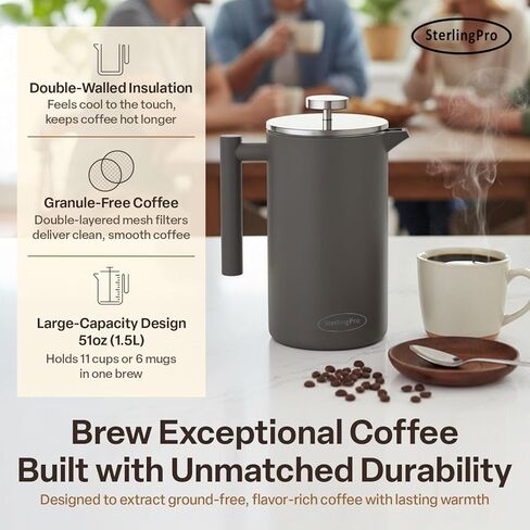 SterlingPro Classic European Stlye Doublewall Stainless Steel Mirror Finish French Coffee Press, 35-ounce in Saudi Arabia