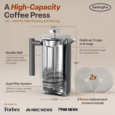 SterlingPro Classic European Stlye Doublewall Stainless Steel Mirror Finish French Coffee Press, 35-ounce in Saudi Arabia