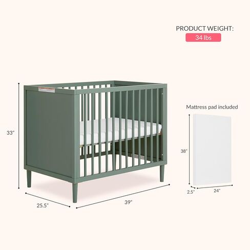 Lucas Mini Modern Crib with Rounded Spindles & Holly 3" Fiber Portable, Greenguard Gold Certified, Waterproof Vinyl Cover, Lightweight Mini Crib Mattress, White in Kuwait