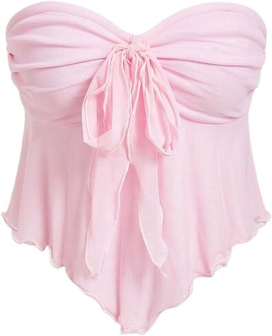 SHENHE Women's Strapless Tie Front Lettuce Trim Asymmetrical Flare Boho Tube Top in Kuwait