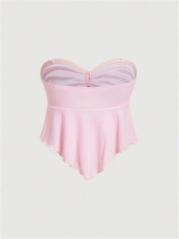 SHENHE Women's Strapless Tie Front Lettuce Trim Asymmetrical Flare Boho Tube Top in Kuwait