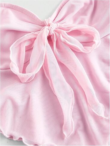 SHENHE Women's Strapless Tie Front Lettuce Trim Asymmetrical Flare Boho Tube Top in Kuwait