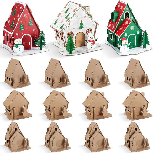 Harloon 12 Sets Christmas Gingerbread House Kit Kids Cardboard Coloring House Christmas Holiday Craft Cardboard Gingerbread Decorations for Xmas Party DIY Craft Supplies in Saudi Arabia