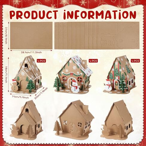 Harloon 12 Sets Christmas Gingerbread House Kit Kids Cardboard Coloring House Christmas Holiday Craft Cardboard Gingerbread Decorations for Xmas Party DIY Craft Supplies in Saudi Arabia