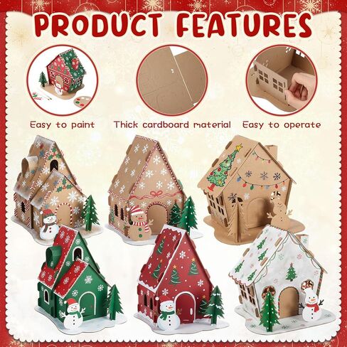 Harloon 12 Sets Christmas Gingerbread House Kit Kids Cardboard Coloring House Christmas Holiday Craft Cardboard Gingerbread Decorations for Xmas Party DIY Craft Supplies in Saudi Arabia