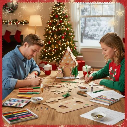 Harloon 12 Sets Christmas Gingerbread House Kit Kids Cardboard Coloring House Christmas Holiday Craft Cardboard Gingerbread Decorations for Xmas Party DIY Craft Supplies in Saudi Arabia