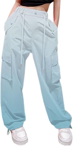 Cromoncent Girls Casual High Waist Parachute Pants Y2K Cargo Trousers with Pockets for Girls, 1#purple, 9-10 Years = Tag 150 in Kuwait