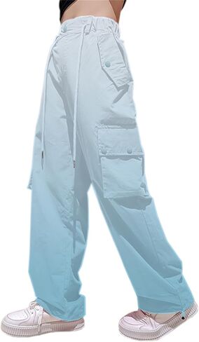 Cromoncent Girls Casual High Waist Parachute Pants Y2K Cargo Trousers with Pockets for Girls, 1#purple, 9-10 Years = Tag 150 in Kuwait